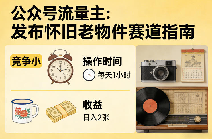 公众号流量主之发布怀旧老物件赛道,竞争小,每天操作1小时,日入2张