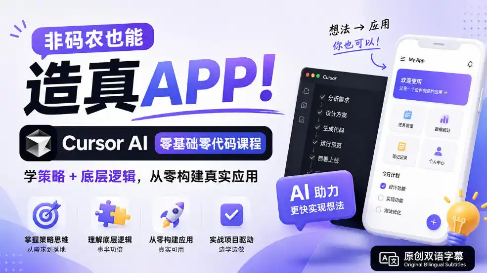 非码农也能造真APP!Cursor AI零基础零代码课程:学策略 底层逻辑,从零构建真实应用【原创双语字幕】