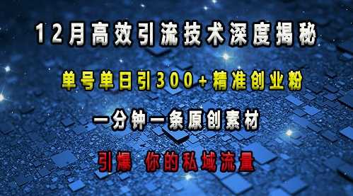 最新高效引流技术深度揭秘 ,单号单日引300 精准创业粉,一分钟一条原创素材,引爆你的私域流量
