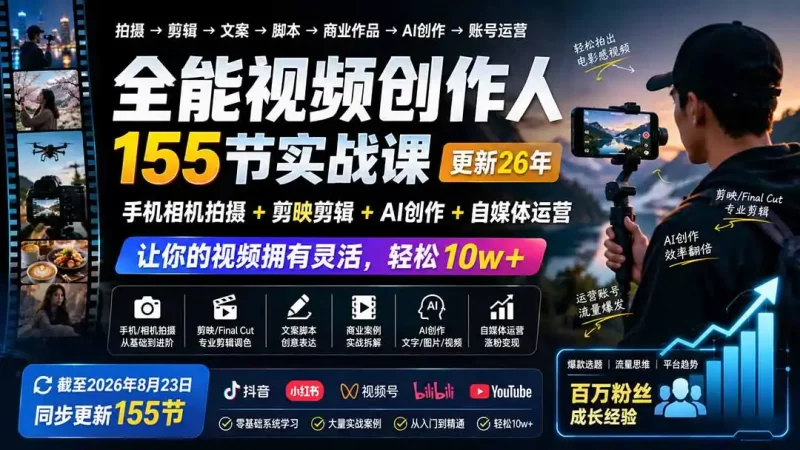 全能视频创作人155节实战课-更新26年8月:手机相机拍摄 剪映剪辑 AI创作 自媒体运营,让你的视频拥有灵活,轻松10w-51云资源