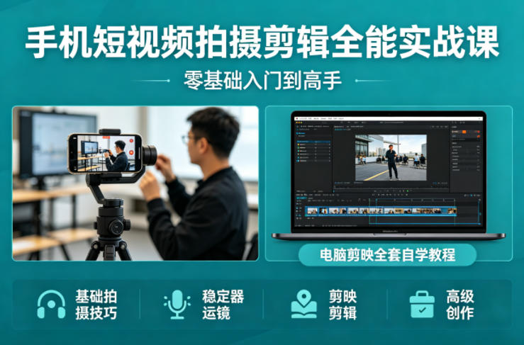 手机短视频拍摄剪辑全能实战课:零基础入门到高手,稳定器运镜 电脑剪映全套自学教程-51云资源