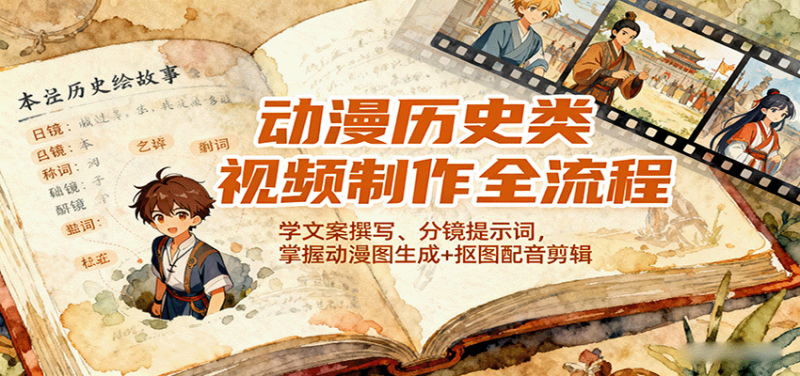 动漫历史类视频制作全流程,学文案撰写、分镜提示词,掌握动漫图生成 抠图配音剪辑-51云资源