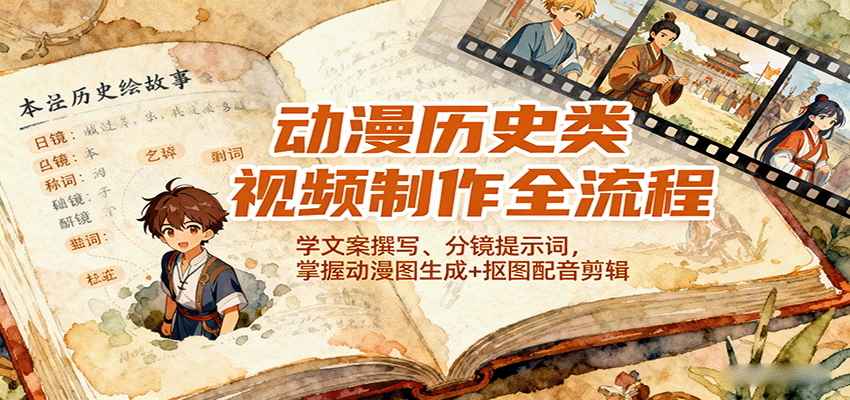 动漫历史类视频制作全流程，学文案撰写、分镜提示词，掌握动漫图生成 抠图配音剪辑-51云资源