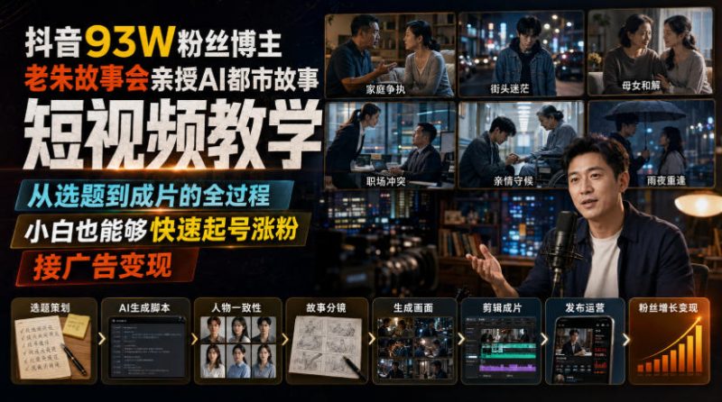抖音93W粉丝博主老朱故事会亲授AI都市故事短视频教学,从选题到成片的全过程,小白也能够快速起号涨粉接广告变现-51云资源