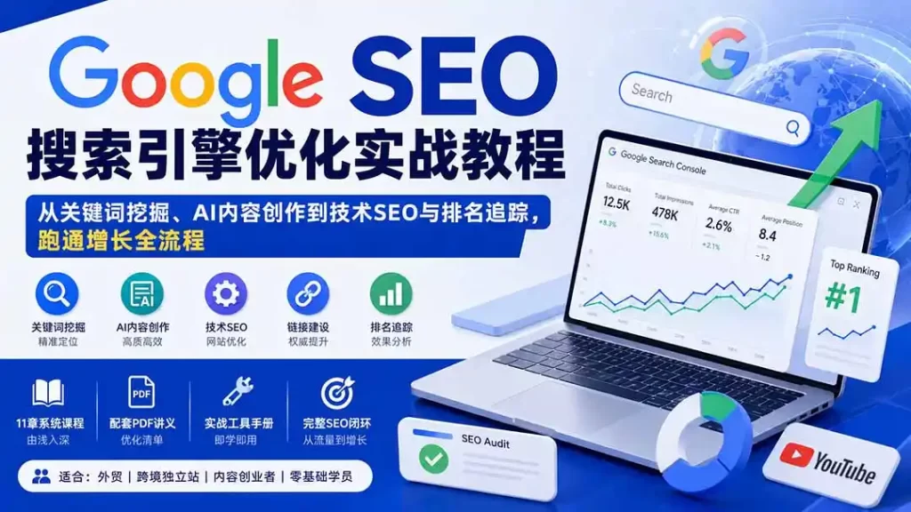 Google SEO搜索引擎优化实战教程：从关键词挖掘、AI内容创作到技术SEO与排名追踪，跑通增长全流程-51云资源