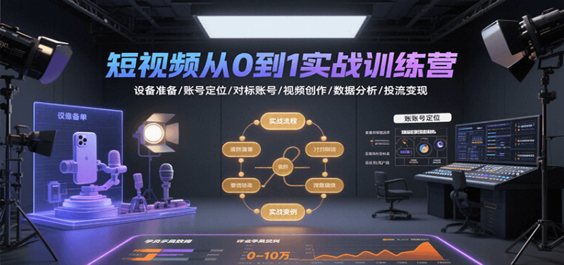 短视频从0到1实战训练营：设备准备/账号定位/对标账号/视频创作/数据分析/投流变现-51云资源