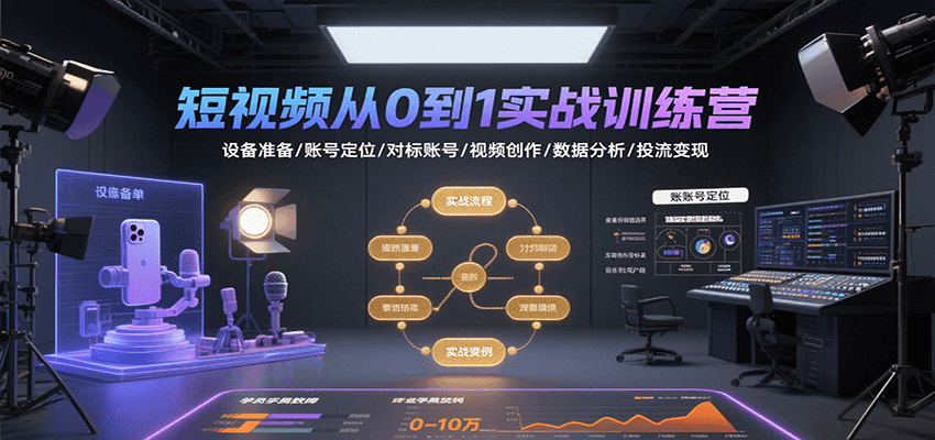 短视频从0到1实战训练营：设备准备/账号定位/对标账号/视频创作/数据分析/投流变现-51云资源