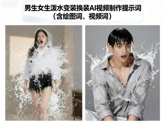 男生女生泼水变装换装AI视频制作提示词(含绘图词、视频词)-51云资源