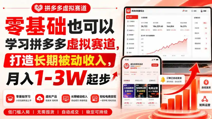 零基础也可以学习拼多多虚拟赛道，打造长期被动收入，月入1-3W起步-51云资源