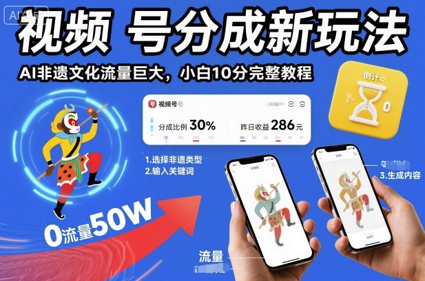 视频号分成新玩法，AI非遗文化流量巨大，小白10分钟搞定，完整教程-51云资源