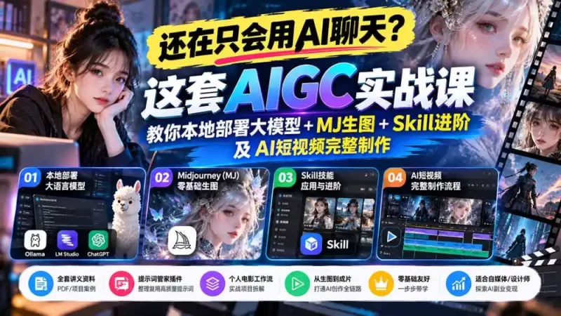 【无水印】还在只会用AI聊天？这套AIGC实战课教你本地部署大模型 MJ生图 Skill进阶及AI短视频完整制作-51云资源