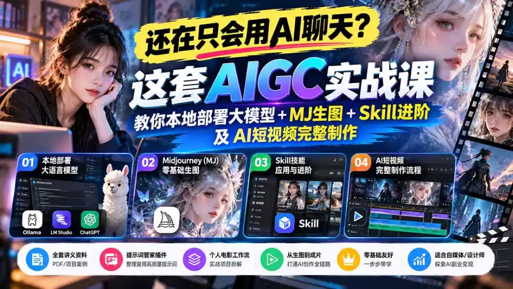 【无水印】还在只会用AI聊天？这套AIGC实战课教你本地部署大模型 MJ生图 Skill进阶及AI短视频完整制作