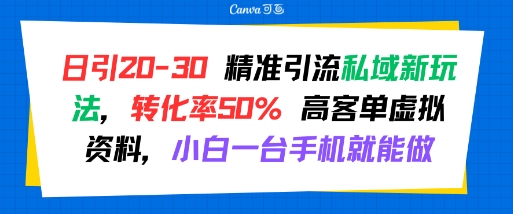 日引 20-30 精准引流私域新玩法，转化率50% 高客单虚拟资料，小白一台手机就能做-51云资源