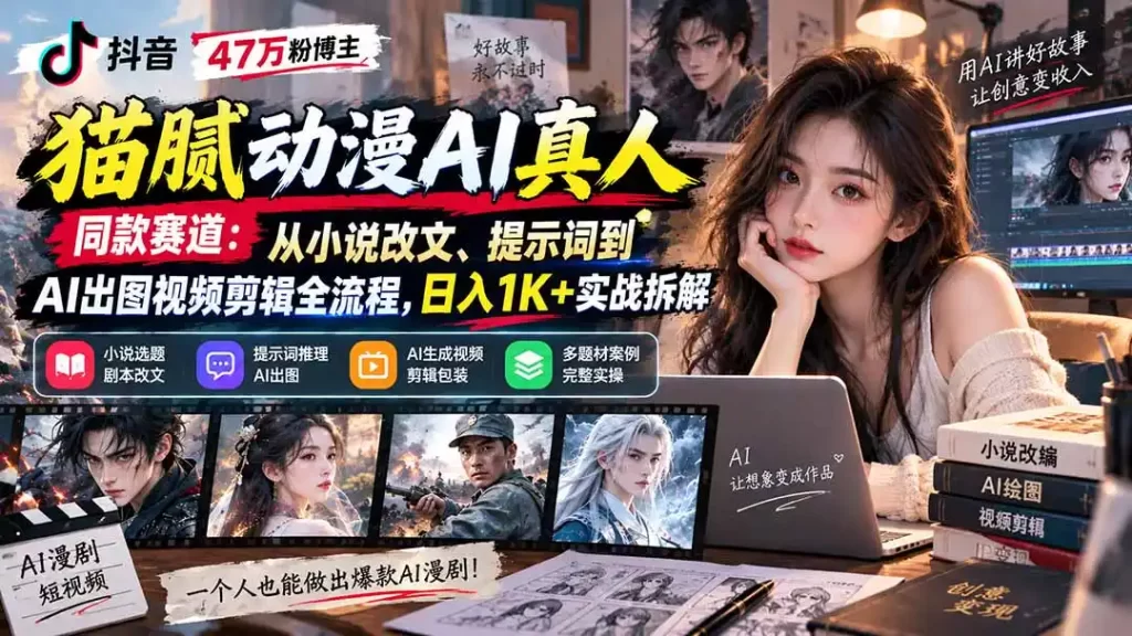 抖音47万粉博主猫腻动漫AI真人同款赛道:从小说改文、提示词到AI出图视频剪辑全流程,日入1K 实战拆解-51云资源