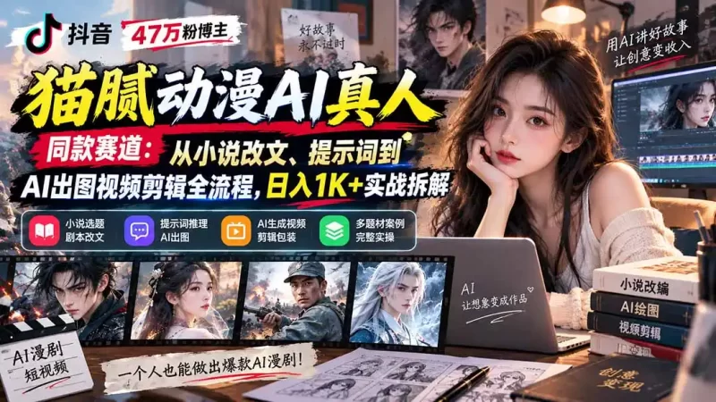 抖音47万粉博主猫腻动漫AI真人同款赛道:从小说改文、提示词到AI出图视频剪辑全流程,日入1K 实战拆解-51云资源