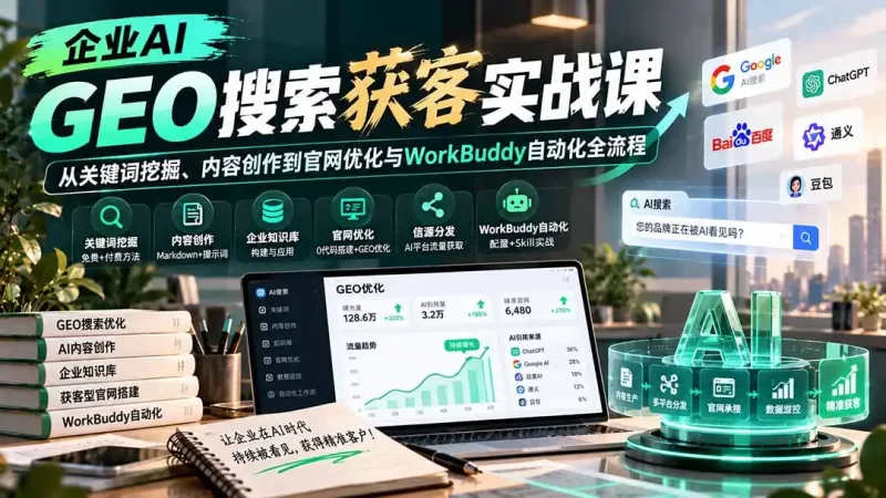 企业AI GEO搜索获客实战课：从关键词挖掘、内容创作到官网优化与WorkBuddy自动化全流程-51云资源