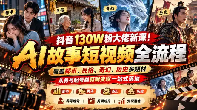抖音130W粉大佬新课!AI故事短视频全流程,覆盖都市、民俗、奇幻、历史多题材,从养号起号到剪辑变现一站式落地-51云资源