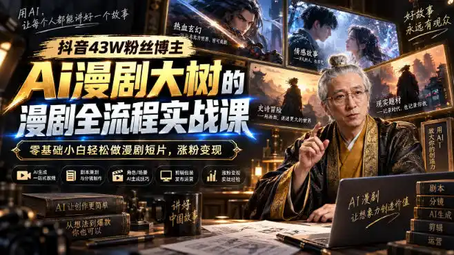 抖音43W粉丝博主Ai漫剧大树的漫剧制作全流程实战课,零基础小白轻松做漫剧短片,涨粉变现-51云资源