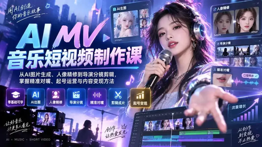AI MV音乐短视频制作课：从AI图片生成、人像精修到导演分镜剪辑，掌握精准对嘴、起号运营与内容变现方法-51云资源