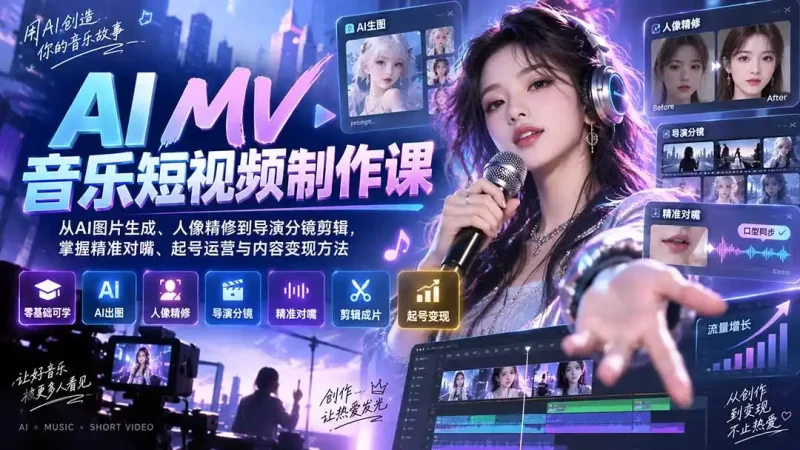 AI MV音乐短视频制作课：从AI图片生成、人像精修到导演分镜剪辑，掌握精准对嘴、起号运营与内容变现方法-51云资源