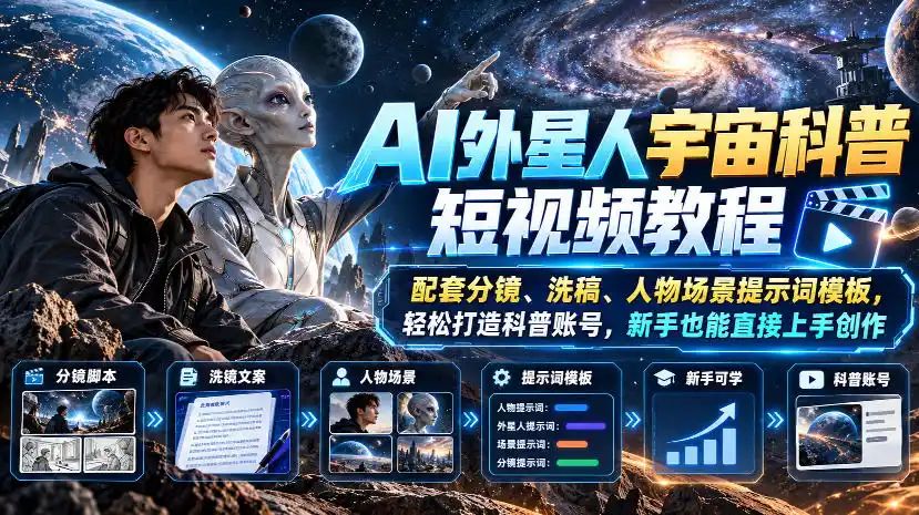 AI外星人宇宙科普短视频教程，配套分镜、洗稿、人物场景提示词模板，轻松打造科普账号，新手也能直接上手创作-51云资源