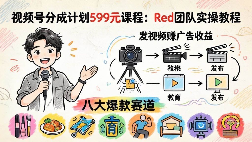 （18088期）视频号分成计划599元课程：Red团队实操教程，发视频赚广告收益，八大爆款赛道全掌握-51云资源