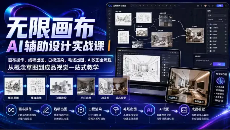 无限画布AI辅助设计实战课|画布操作、线稿出图、白模渲染、毛坯出图、AI改图全流程,从概念草图到成品视觉一站式教学(更新0923)-51云资源