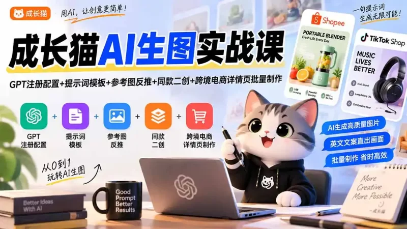成长猫AI生图实战课|GPT注册配置 提示词模板 参考图反推 同款二创 跨境电商详情页批量制作-51云资源