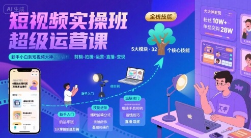 短视频实操班超级运营课，新手小白到短视频大神必修课程，剪辑-拍摄-运营-直播-变现-51云资源