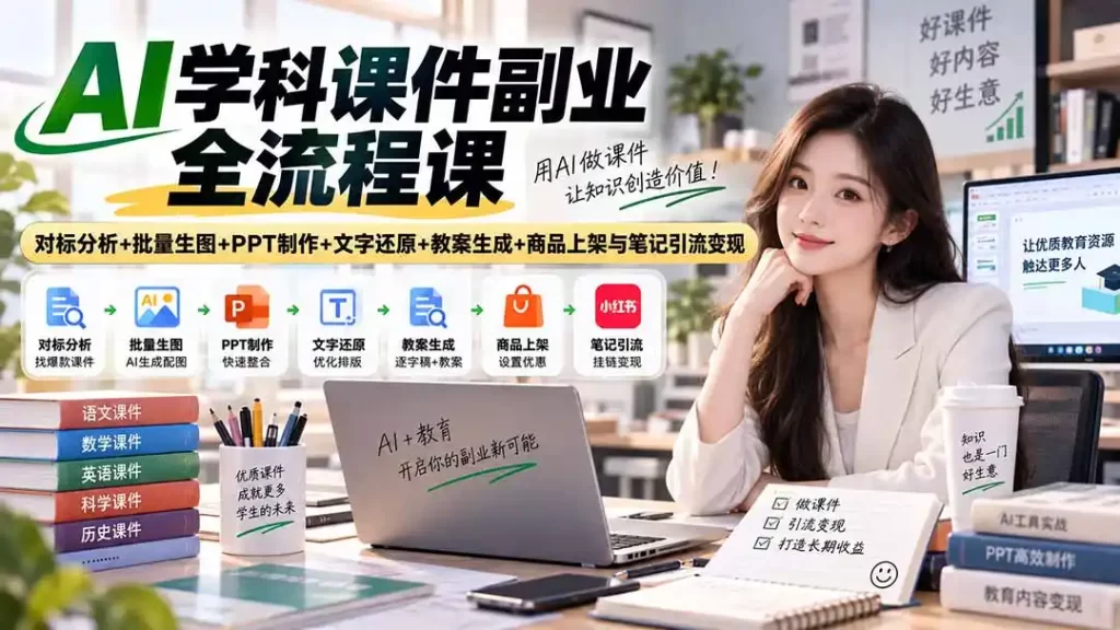 AI学科课件副业全流程课|对标分析 批量生图 PPT制作 文字还原 教案生成 商品上架与笔记引流变现-51云资源