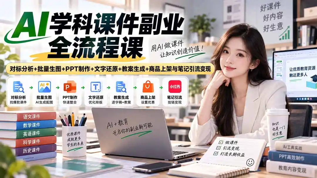 AI学科课件副业全流程课｜对标分析 批量生图 PPT制作 文字还原 教案生成 商品上架与笔记引流变现