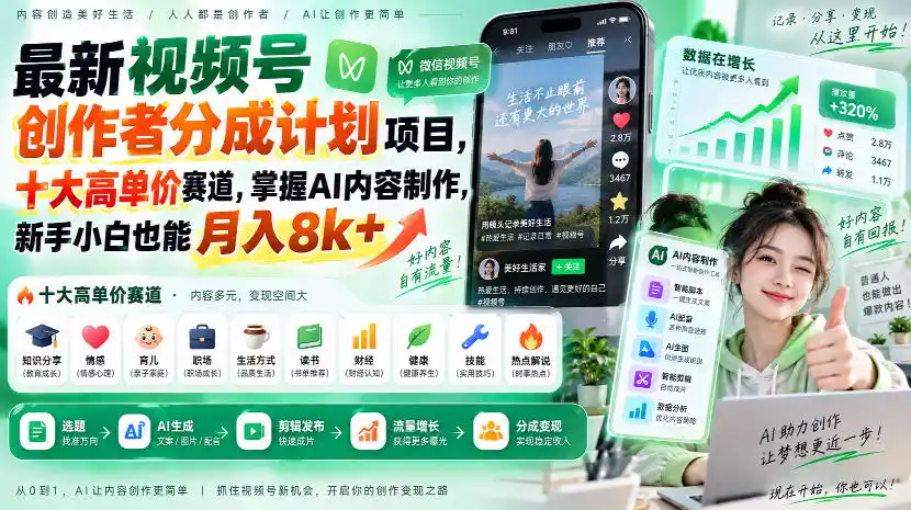 最新视频号创作者分成计划项目,十大高单价赛道,掌握AI内容制作,新手小白也能月入8k-51云资源
