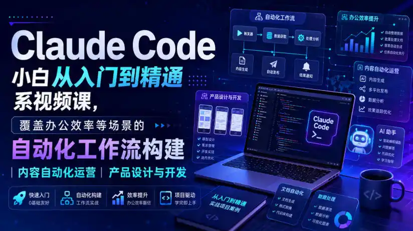 Claude Code小白从入门到精通系视频课,覆盖办公效率等场景的自动化工作流构建|内容自动化运营|产品设计与开发-51云资源