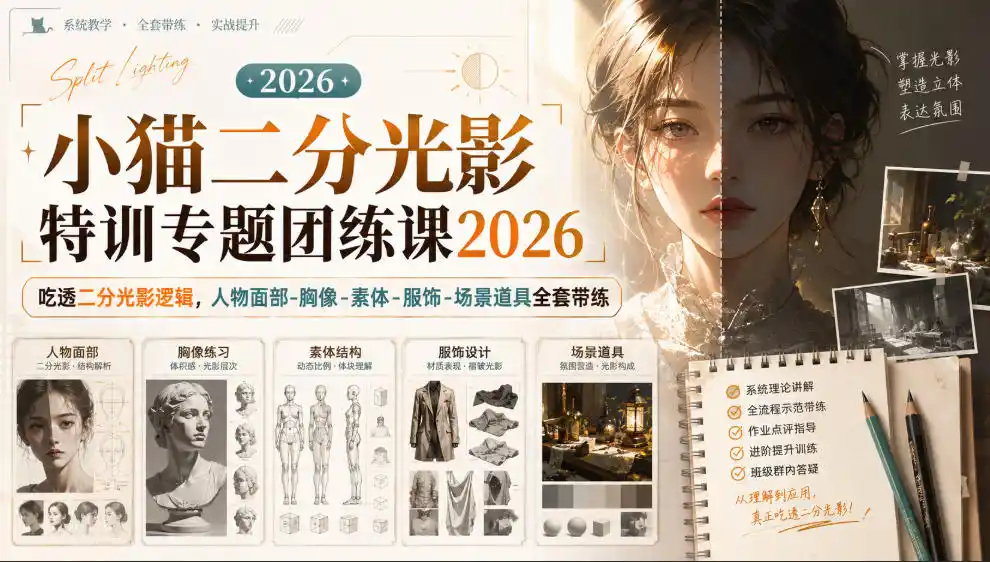 小猫二分光影特训专题团练课2026｜吃透二分光影逻辑，人物面部‑胸像‑素体‑服饰‑场景道具全套带练，高清画质附赠课件与笔刷-51云资源
