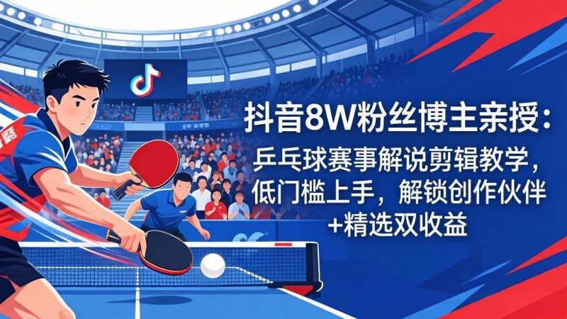 （18069期）抖音8W粉丝博主亲授：乒乓球赛事解说剪辑教学，低门槛上手，解锁创作伙伴 精选双收益-51云资源