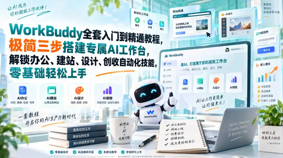 WorkBuddy全套入门到精通教程,极简三步搭建专属AI工作台,解锁办公、建站、设计、创收自动化技能,零基础轻松上手-51云资源
