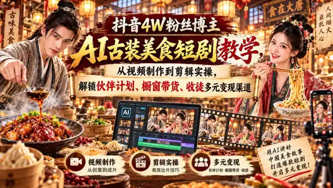 抖音4W粉丝博主AI古装美食短剧教学，从视频制作到剪辑实操，解锁伙伴计划、橱窗带货、收徒多元变现渠道-51云资源