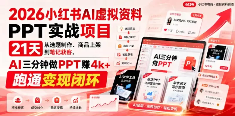 2026小红书AI虚拟资料PPT实战项目,21天从选题制作、商品上架到笔记获客,AI三分钟做PPT赚4k 跑通变现闭环-51云资源