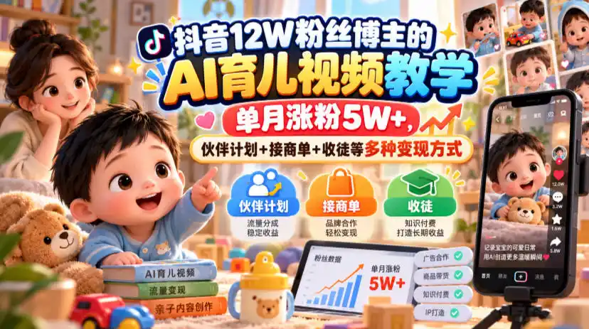 抖音12W粉丝博主的AI育儿视频教学,单月涨粉5W ,伙伴计划 接商单 收徒等多种变现方式-51云资源