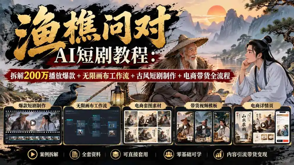 【无水印】渔樵问对AI短剧教程:拆解200万播放爆款 无限画布工作流 古风短剧制作 电商带货全流程-51云资源