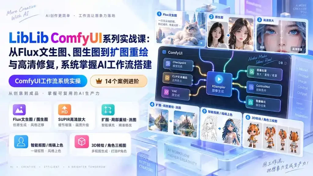 LibLib ComfyUI系列实战课:从Flux文生图、图生图到扩图重绘与高清修复,系统掌握AI工作流搭建-51云资源