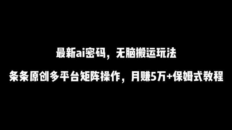 最新AI流量密码，傻瓜式搬运玩法。条条原创，多平台矩阵操作，月赚5万 保姆式教程-51云资源