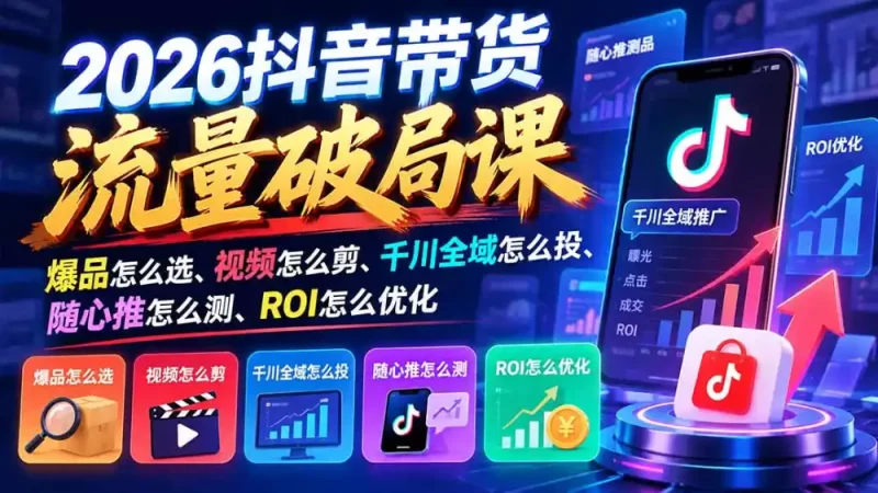 2026抖音带货流量破局课：爆品怎么选、视频怎么剪、千川全域怎么投、随心推怎么测、ROI怎么优化-51云资源