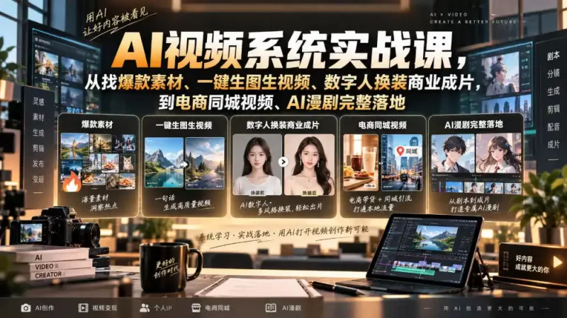 AI视频系统实战课,从找爆款素材、一键生图生视频、数字人换装商业成片,到电商同城视频、AI漫剧完整落地-51云资源