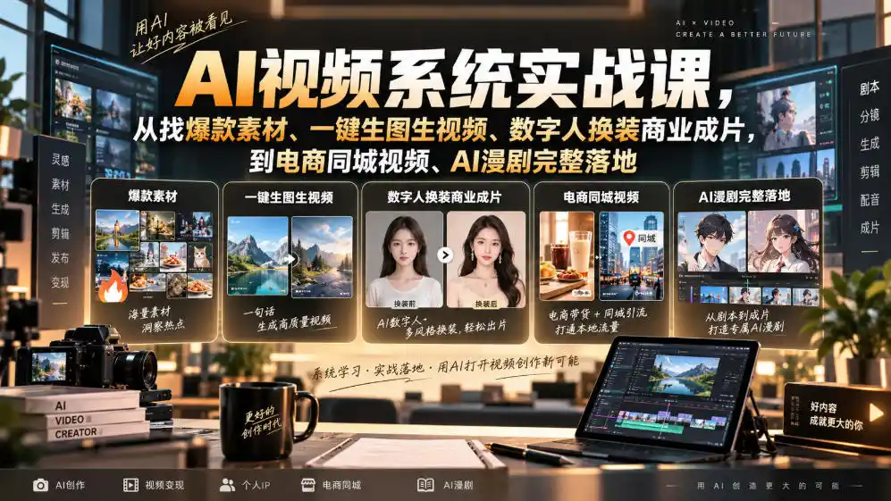 AI视频系统实战课，从找爆款素材、一键生图生视频、数字人换装商业成片，到电商同城视频、AI漫剧完整落地-51云资源
