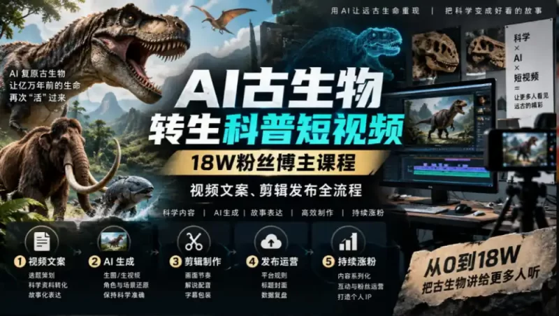 AI古生物转生科普短视频,18W粉丝博主课程,视频文案、剪辑发布全流程-51云资源