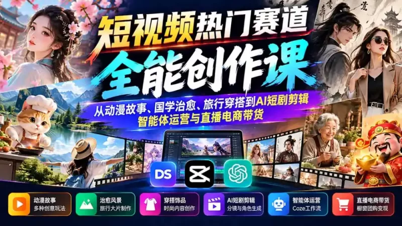 短视频热门赛道全能创作课:从动漫故事、国学治愈、旅行穿搭到AI短剧剪辑、智能体运营与直播电商带货-51云资源