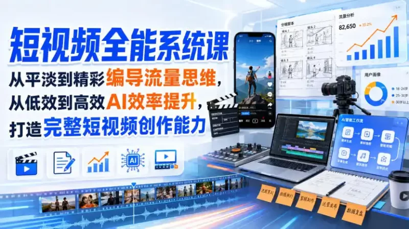 短视频全能系统课,从平淡到精彩编导流量思维,从低效到高效AI效率提升,打造完整短视频创作能力(2026年8月30更新233集)-51云资源