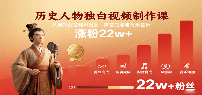 历史人物独白视频制作课,从剪辑配音到AI出图,声音克隆与背景音乐,涨粉22w