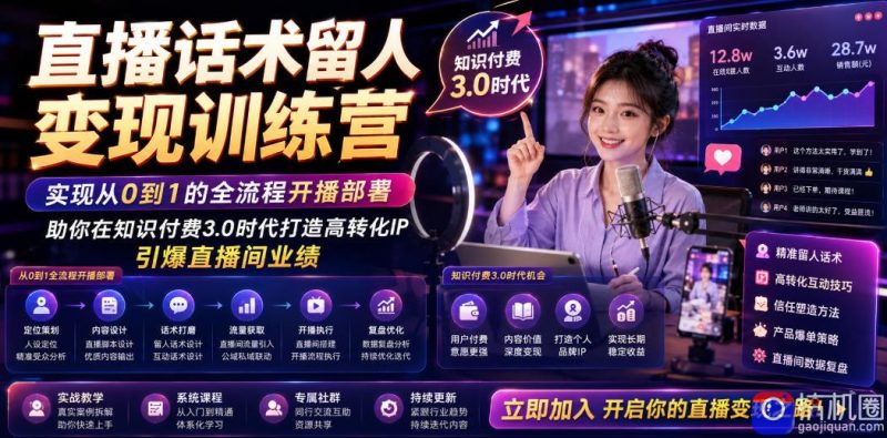 直播话术留人变现训练营,实现从0到1的全流程开播部署,助你在知识付费3.0时代打造高转化IP,引爆直播间业绩-51云资源